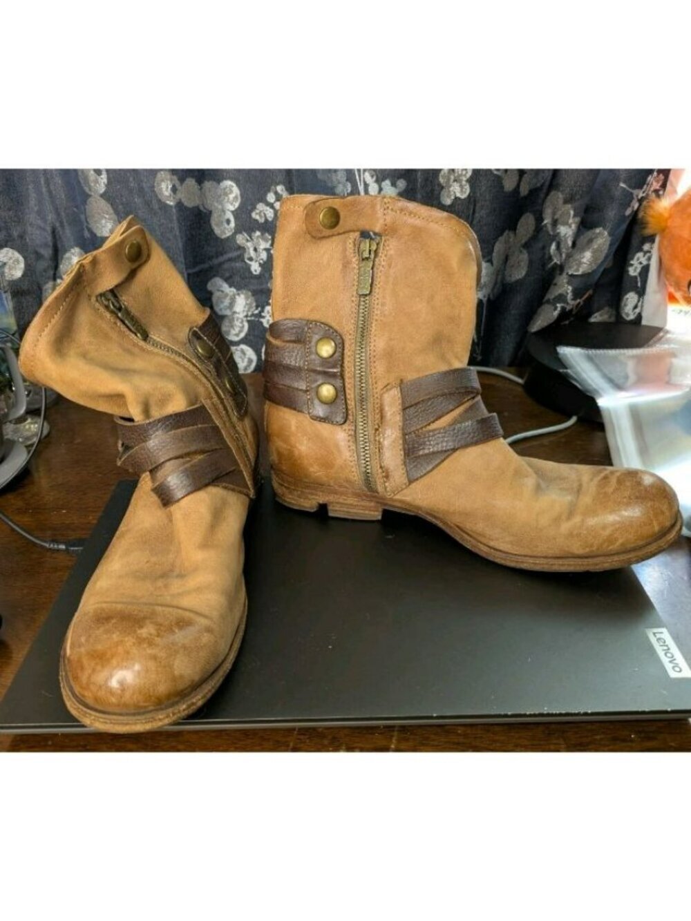 A.S.98 Distressed Brown Leather Strappy Ankle Boots Size 9.5-10 Metal Heel Plate